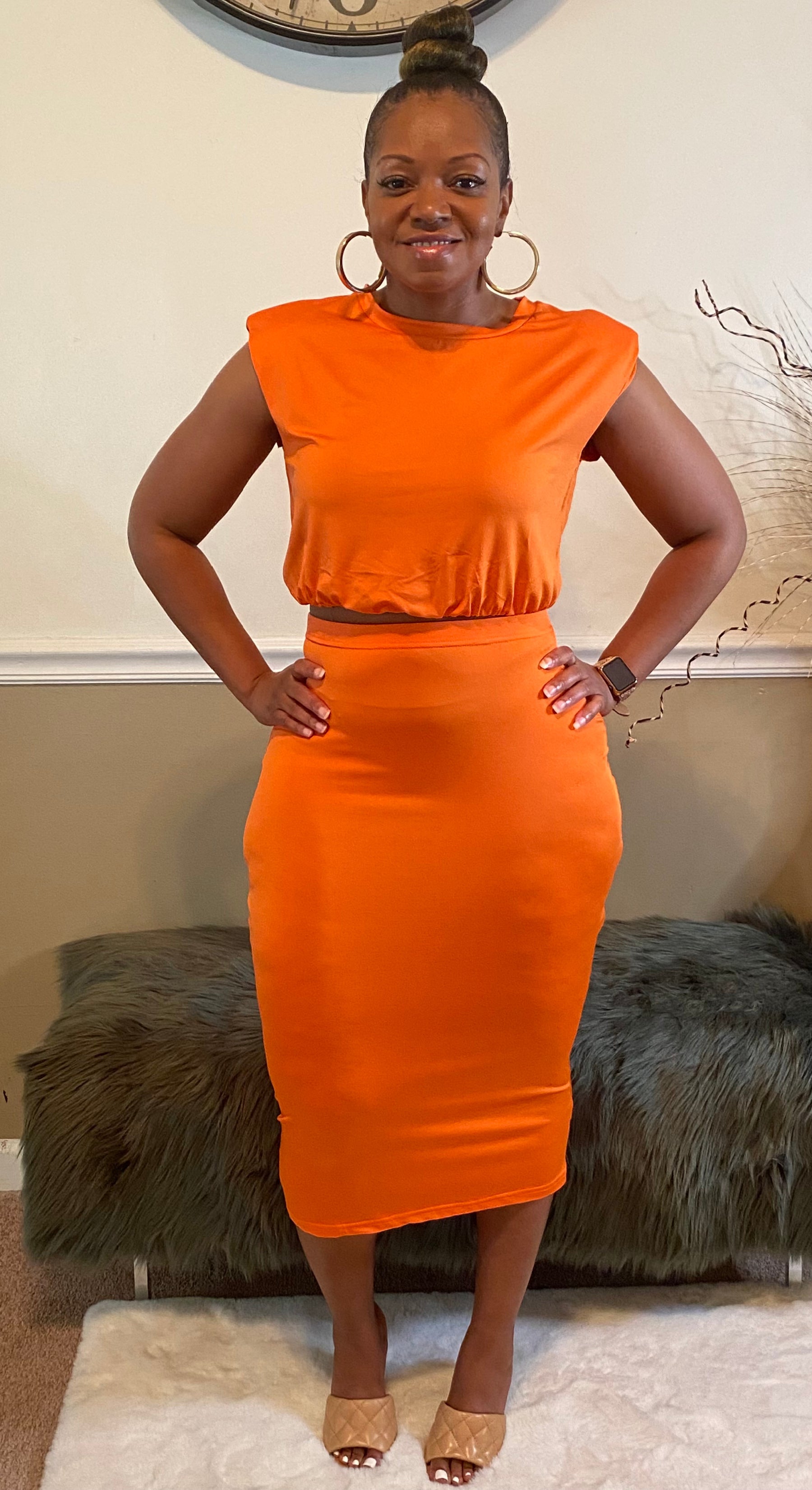 orange dress set Two Piece Sets Skirt Set Orange Retro Buttons Resort Wear Linen V-Neck Sleeveless Sets